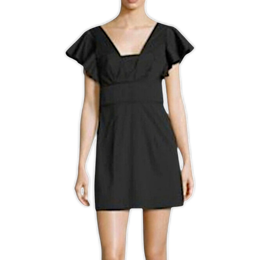 Milly Deni Tailored Classic Black Ruffled V-Neck Structured Elegant Dress Sz 8